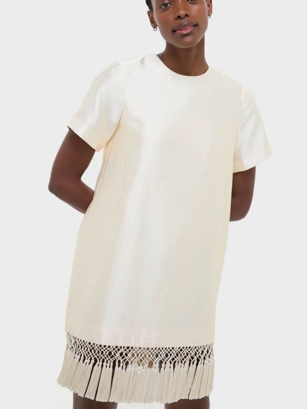 Tuckernuck Cream Short-Sleeve Tunic Dress with Fringe Hem